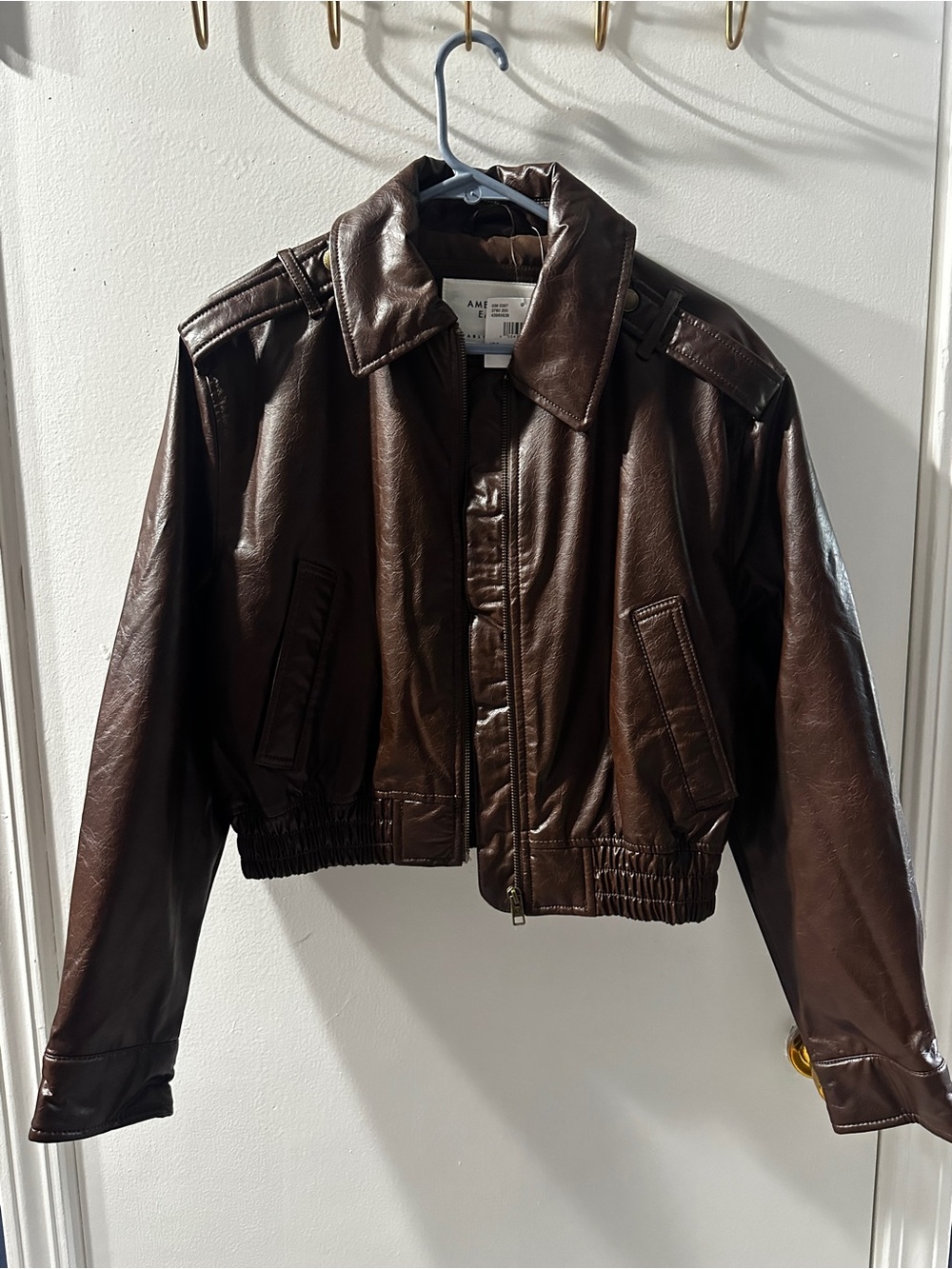 American Eagle Outfitters Brown Faux Leather Cropped Bomber Jacket